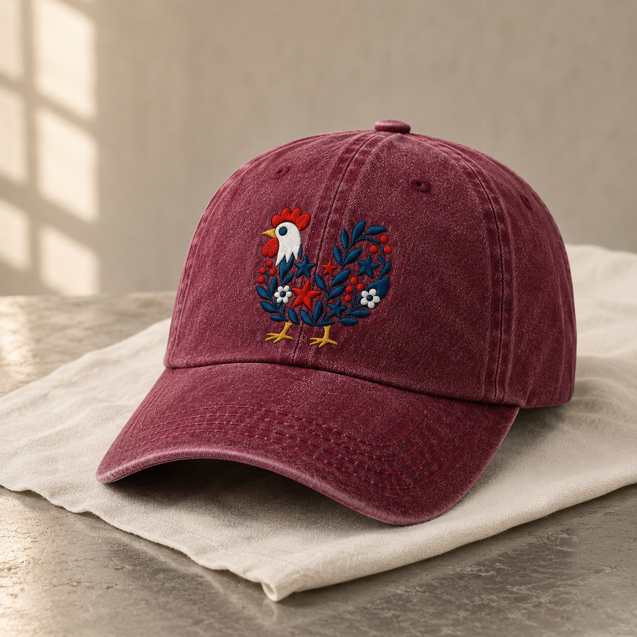 Folk Rooster Washed Cap, Embroidered Floral Chicken Baseball Hat - washed cap - lifestyle view 4