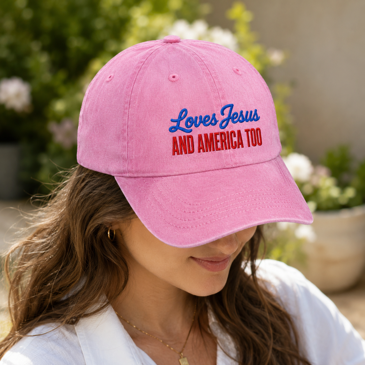 Loves Jesus And America Too Washed Cap, Patriotic Christian Hat Gift - washed cap - detail view