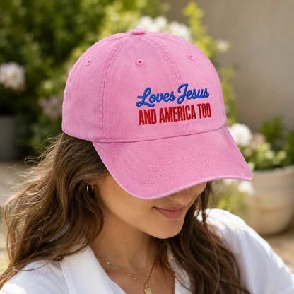 Loves Jesus And America Too Washed Cap, Patriotic Christian Hat Gift - washed cap - detail view