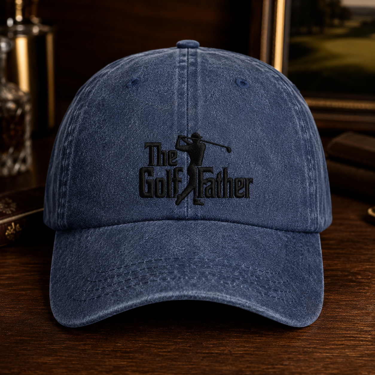 The Golf Father Washed Cap, Funny Golfer Dad Gift, Embroidered Hat for Course Days - Washed Cap - front view