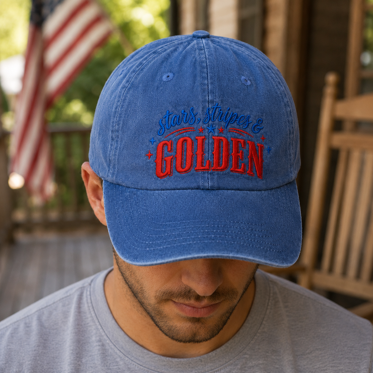 Stars, Stripes & Golden Washed Cap, Patriotic Baseball Hat - washed cap - lifestyle view 8