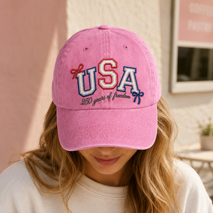 USA 250 Years of Freedom Washed Cap, Patriotic Embroidered Baseball Hat - washed cap - detail view