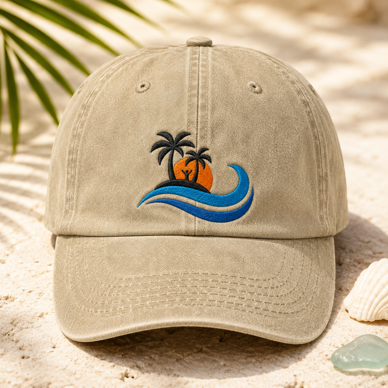 Island Sunset Embroidered Washed Cap, Ocean Wave Palm Tree Beach Hat - Washed Cap - detail view