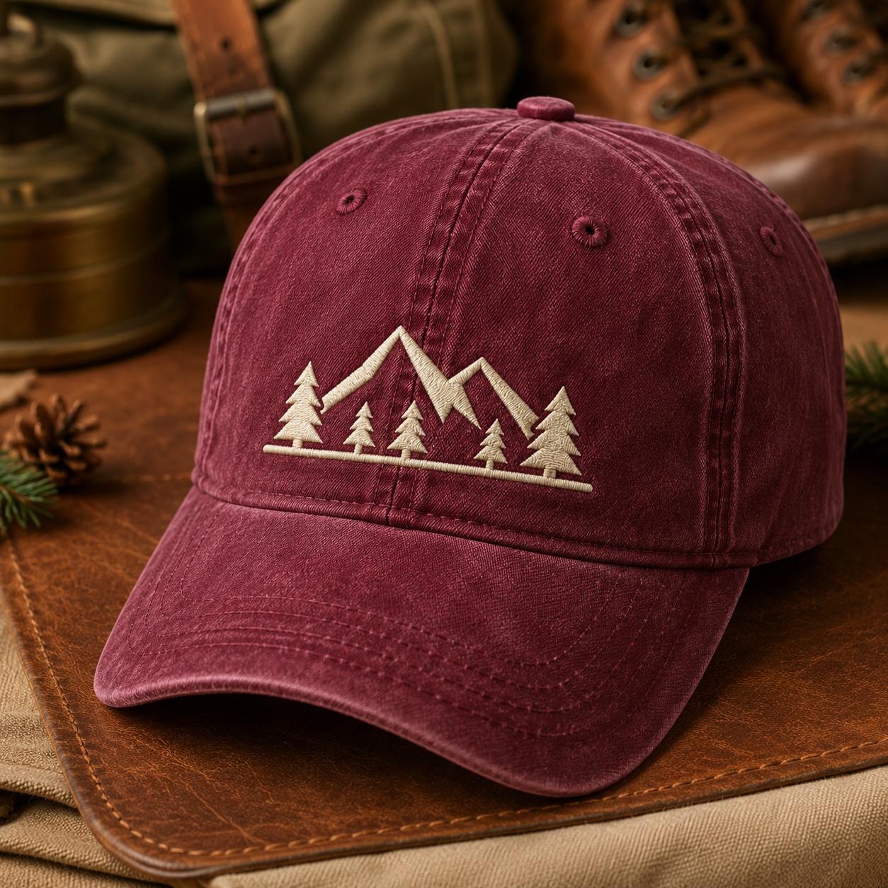 Mountain Pine Washed Cap, Embroidered Outdoor Hat for Hikers and Campers - Washed Cap - front view