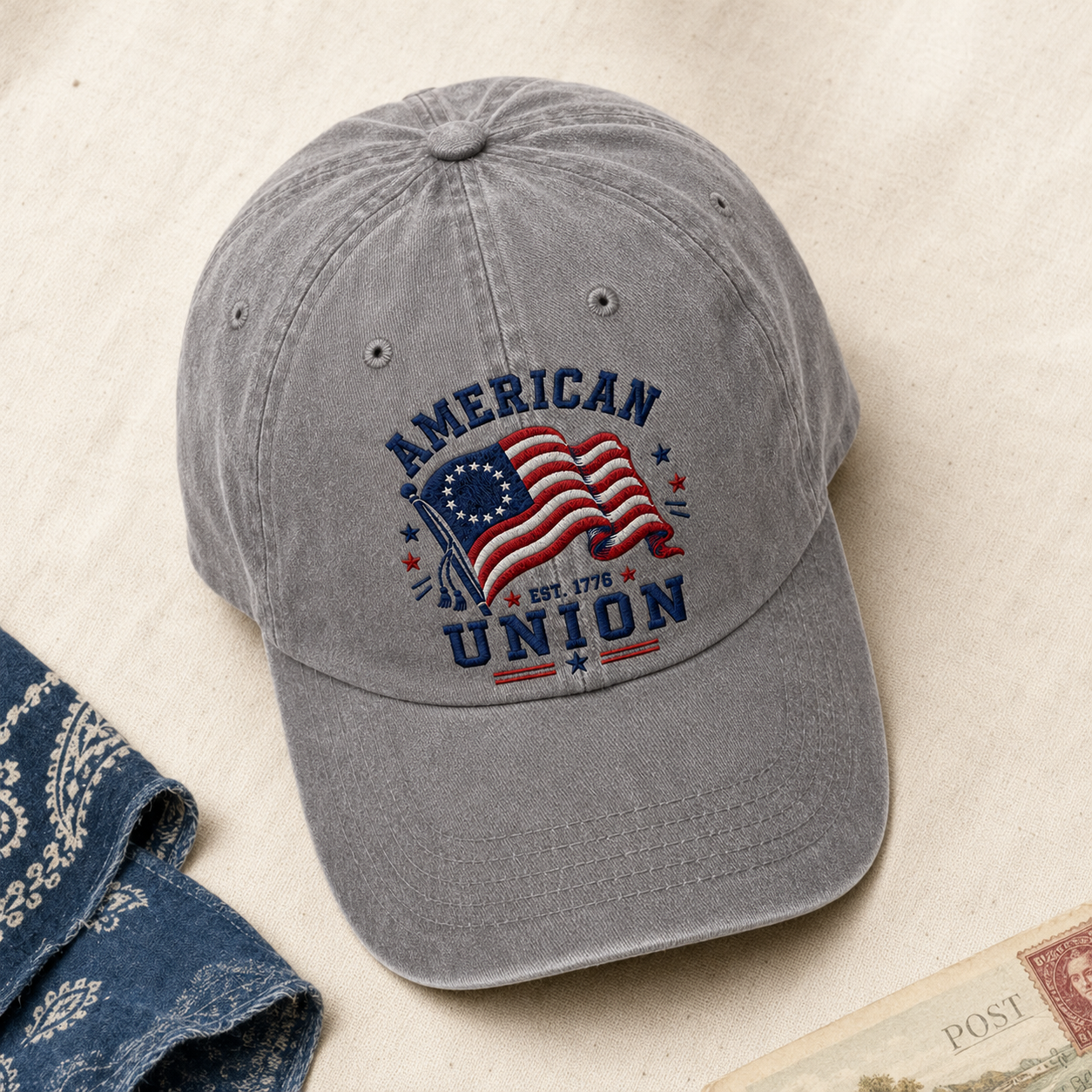 American Union Washed Cap, Est. 1776 Flag Design, Patriotic Embroidered Dad Hat - washed cap - lifestyle view 4