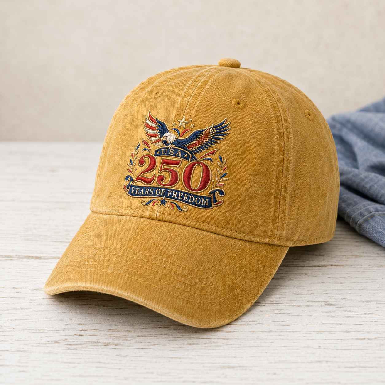 USA 250 Years of Freedom Washed Cap, Patriotic Eagle Anniversary Hat - washed cap - lifestyle view 5