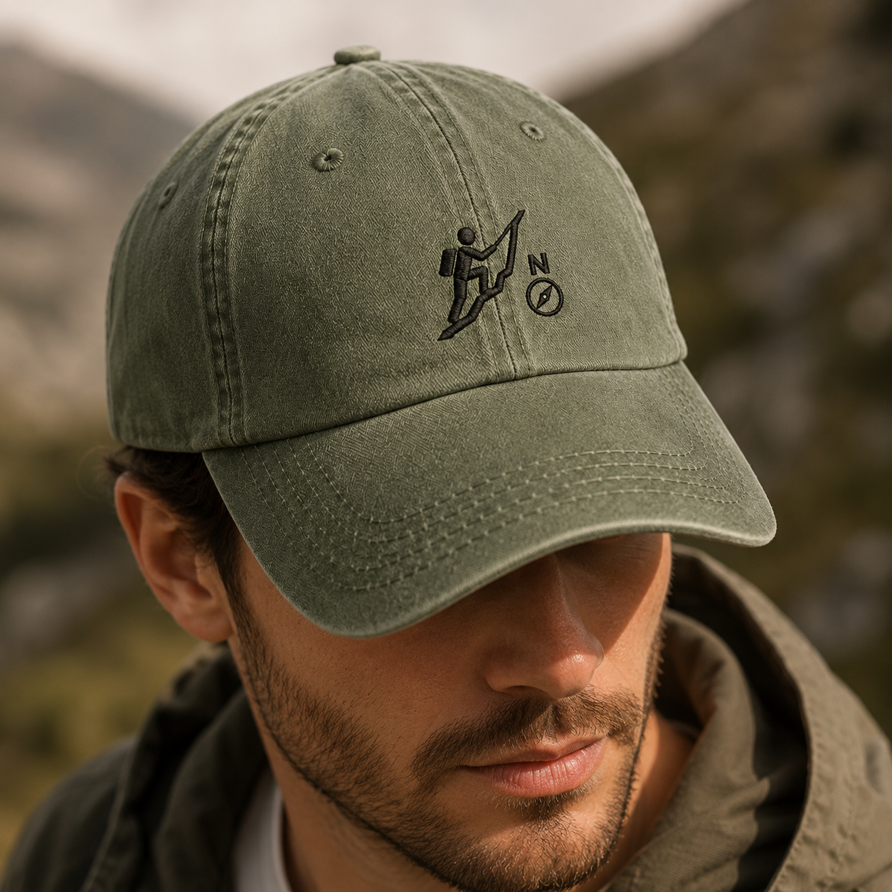 Hiking Compass Washed Cap, Embroidered Outdoor Adventure Hat for Campers - Washed Cap - lifestyle view 3