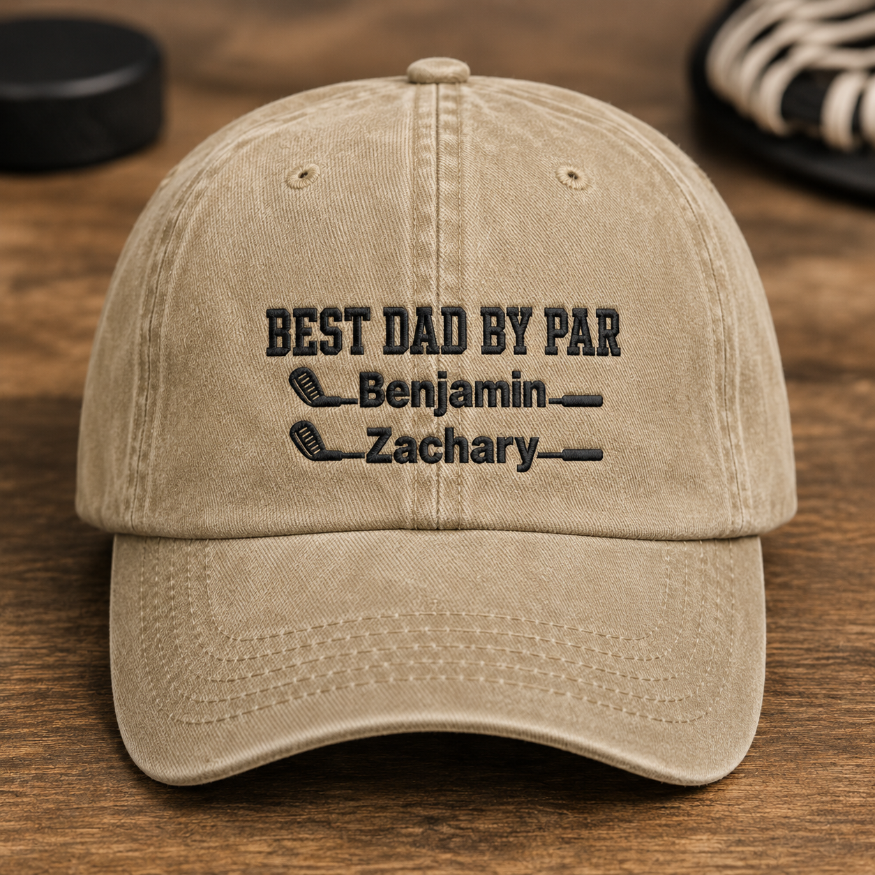 Dad By Par Washed Cap, Golf Dad Hat, Personalized Kids Names Father's Day Gift - Washed Cap - front view