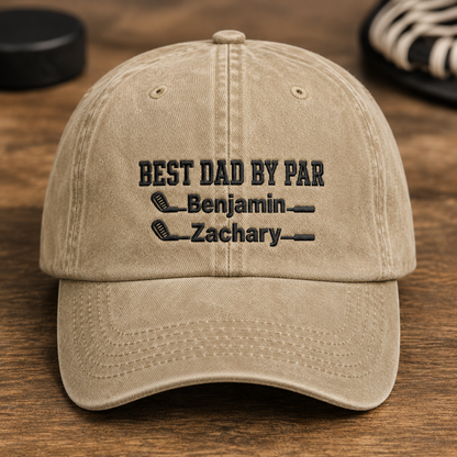 Dad By Par Washed Cap, Golf Dad Hat, Personalized Kids Names Father's Day Gift - Washed Cap - front view