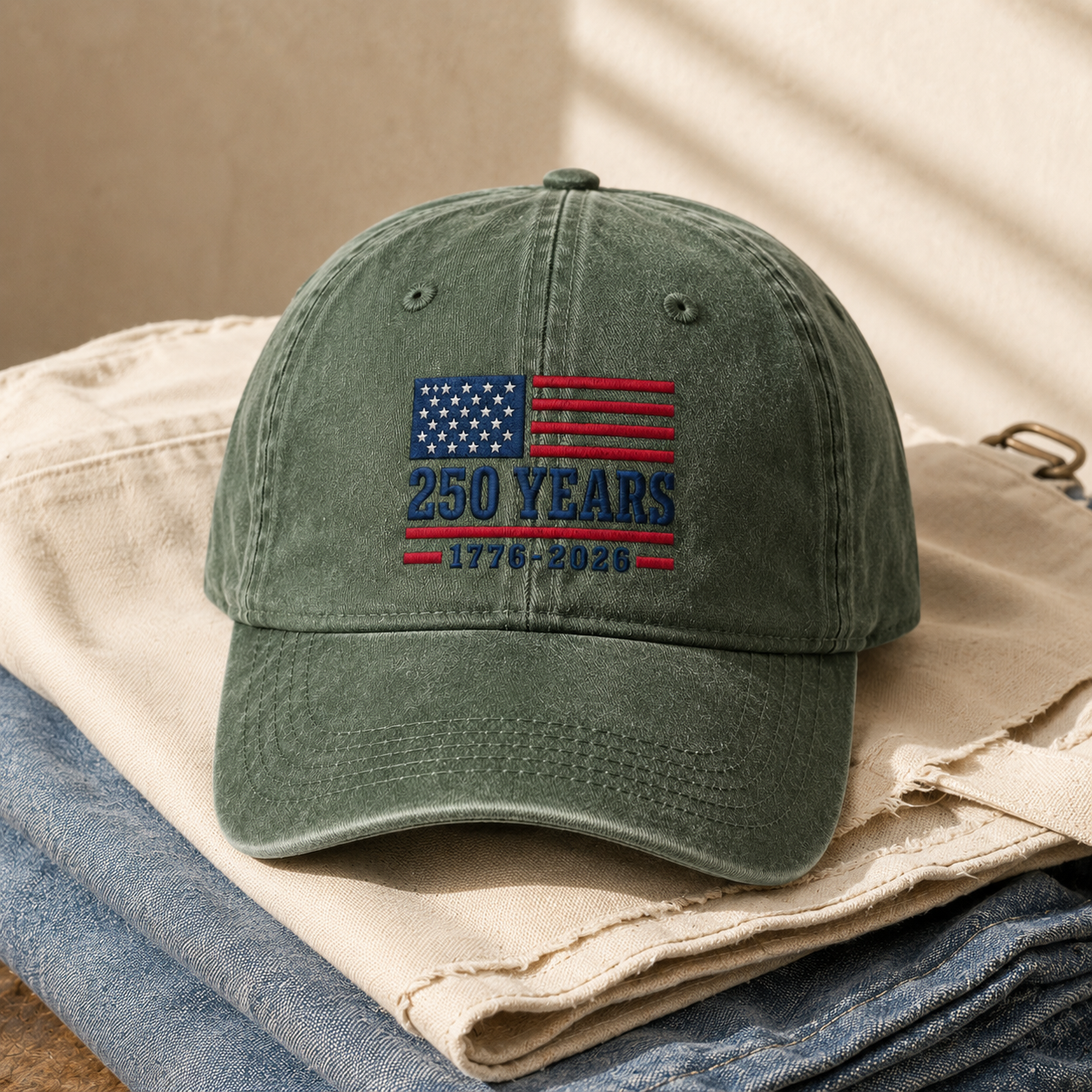 250 Years 1776-2026 USA Flag Washed Cap, America 250th Birthday Hat - washed cap - lifestyle view 5