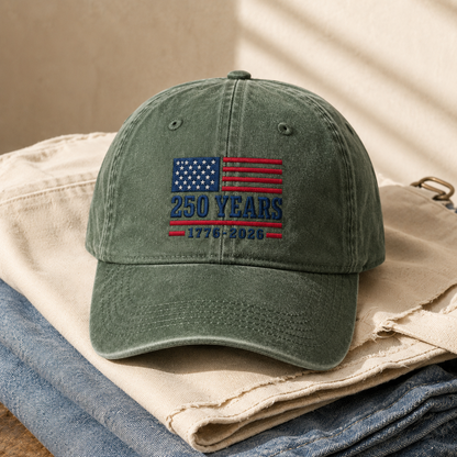250 Years 1776-2026 USA Flag Washed Cap, America 250th Birthday Hat - washed cap - lifestyle view 5