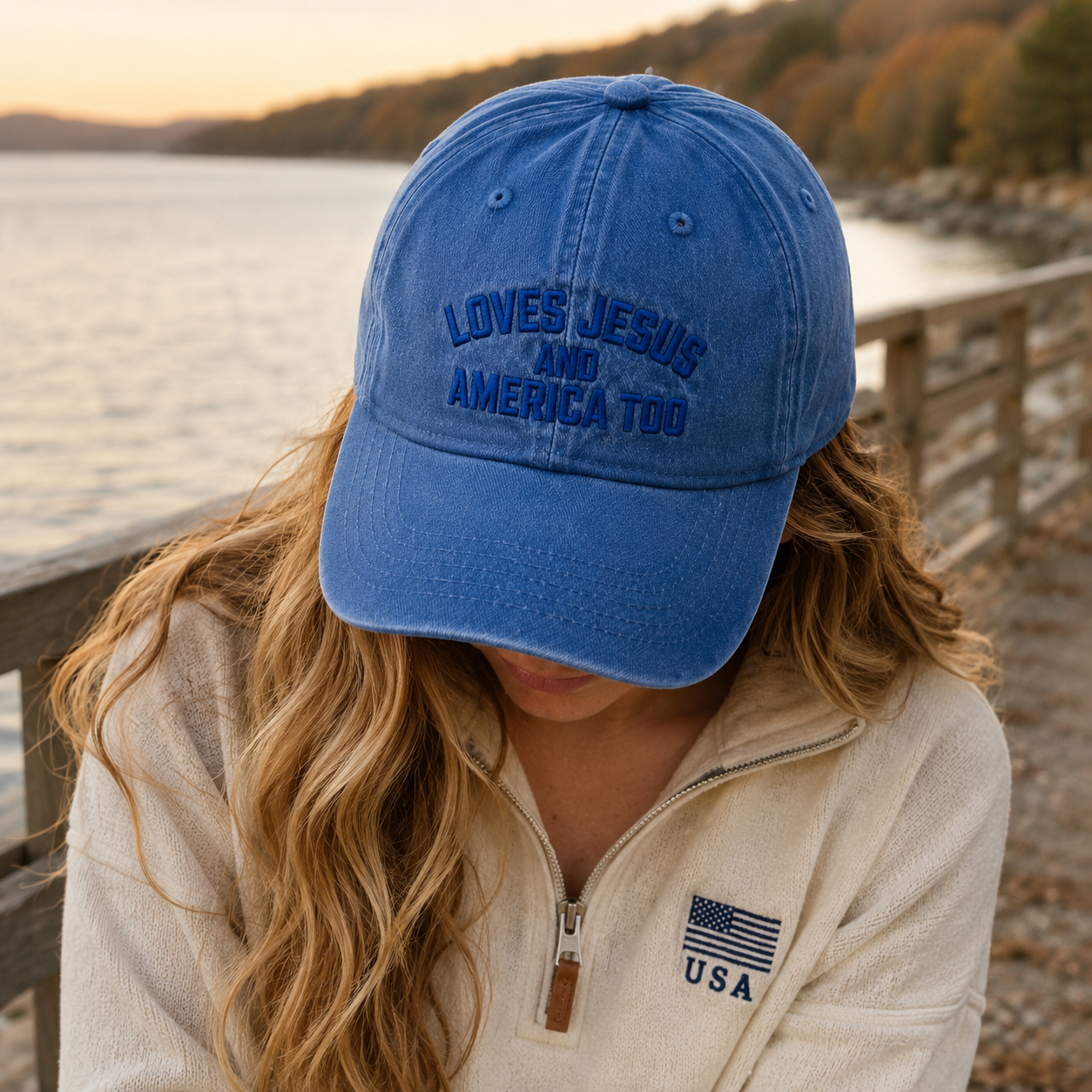 Loves Jesus and America Too Washed Cap, Patriotic Christian Dad Hat - Washed Cap - detail view