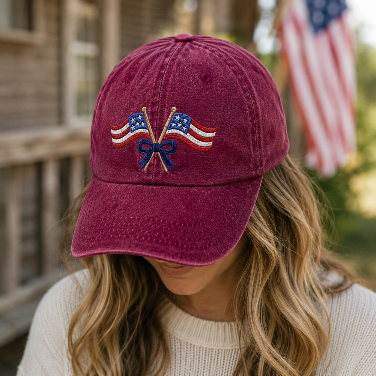 Patriotic Crossed Flags Washed Cap, USA Bow Embroidered Hat for Independence Day - washed cap - lifestyle view 6