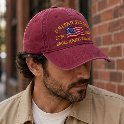 United States 250th Anniversary Washed Cap, 1776 2026 Embroidered Flag Hat - washed cap - lifestyle view 7