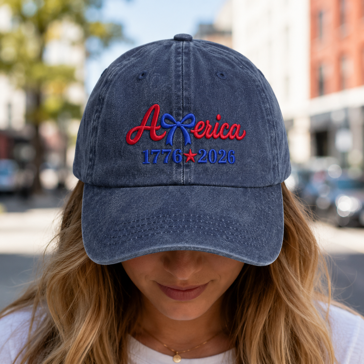 America 1776 2026 Bow Washed Cap, Patriotic Embroidered Hat for USA Birthday - washed cap - lifestyle view 7