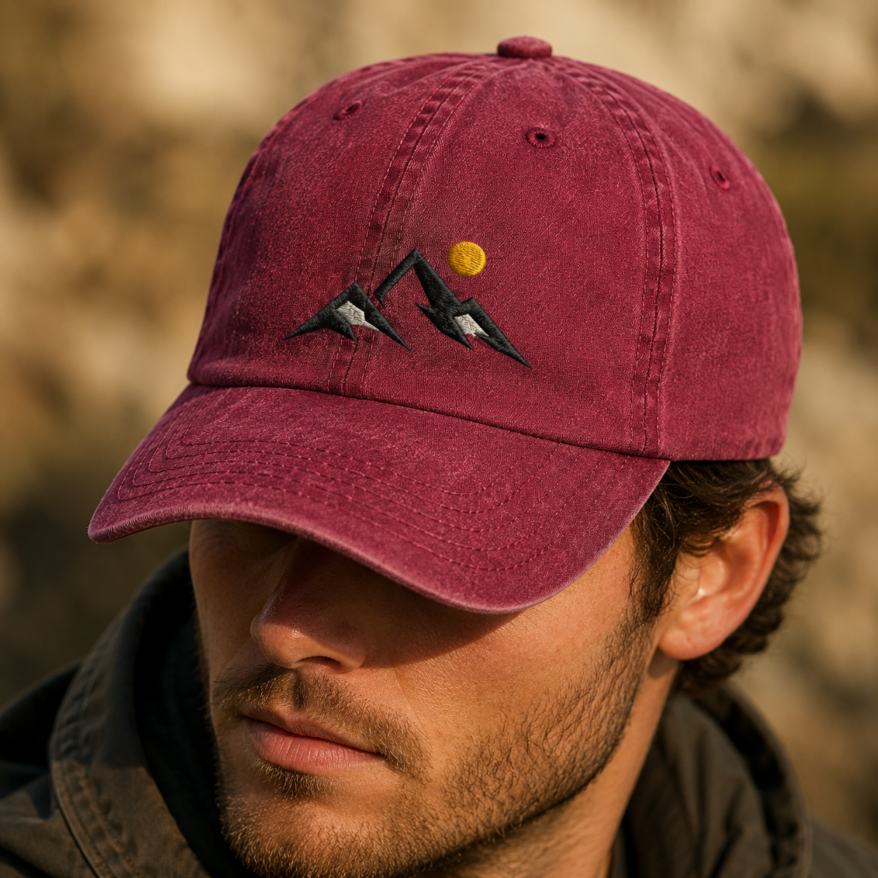 Mountain Sunset Washed Cap, Embroidered Hiking Hat for Outdoor Adventure Lovers - Washed Cap - lifestyle view 6