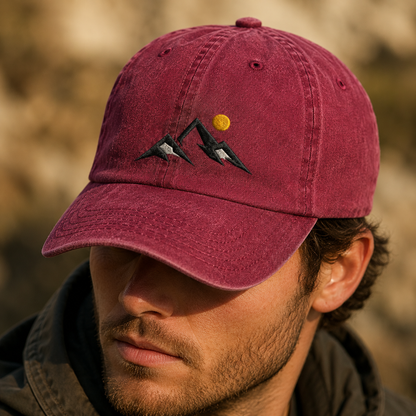 Mountain Sunset Washed Cap, Embroidered Hiking Hat for Outdoor Adventure Lovers - Washed Cap - lifestyle view 6