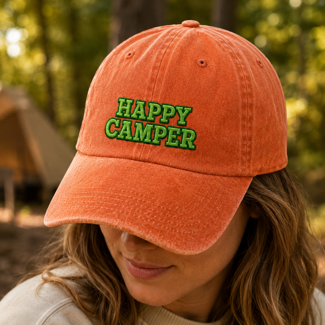 Happy Camper Washed Cap, Green Embroidered Camping Hat for Outdoor Lovers - Washed Cap - lifestyle view 7
