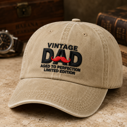 Vintage Dad Washed Cap, Aged to Perfection Mustache Hat for Father's Day - Washed Cap - detail view