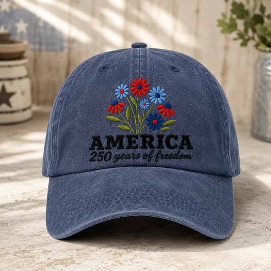 America 250 Years of Freedom Washed Cap, Patriotic Floral Hat for 4th of July - washed cap - front view