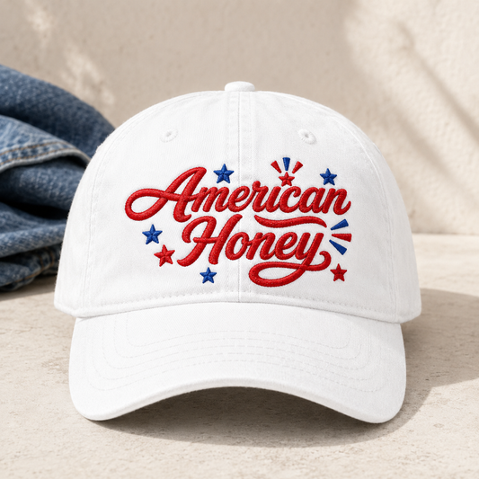 American Honey Washed Cap, Patriotic Embroidered Hat for 4th of July - washed cap - front view