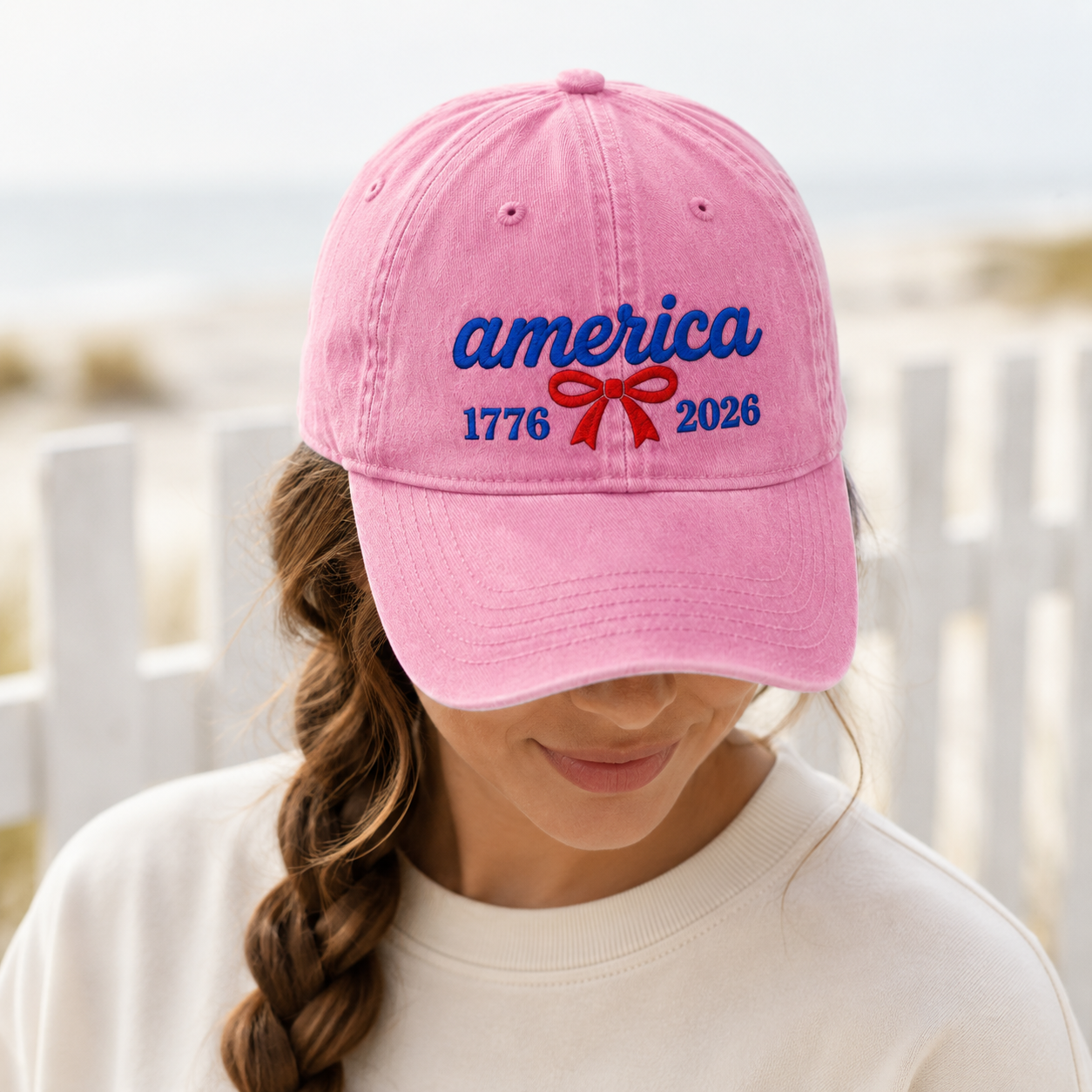 America 1776 2026 Washed Cap, Red Bow Patriotic Dad Hat for 250th Birthday - washed cap - detail view