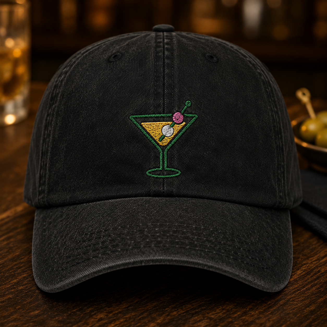 Martini Cocktail Washed Cap, Embroidered Happy Hour Hat for Bar Lovers - Washed Cap - front view
