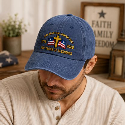 One Nation Under God Washed Cap, 1776 2026 250 Years of Blessings Patriotic Christian Hat - washed cap - lifestyle view 8