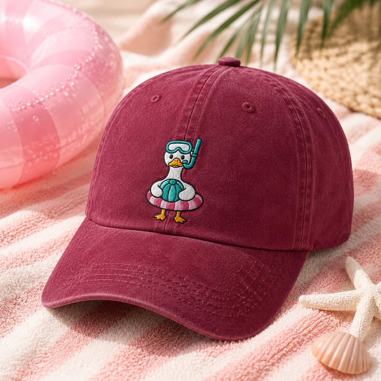 Snorkel Duck Washed Cap, Beach Bird Embroidered Summer Hat - Washed Cap - lifestyle view 2