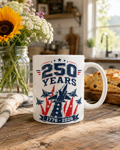 250 Years Coffee Mug, 1776-2026 Patriotic Fighter Jet Ceramic Cup - Mug - lifestyle view 6
