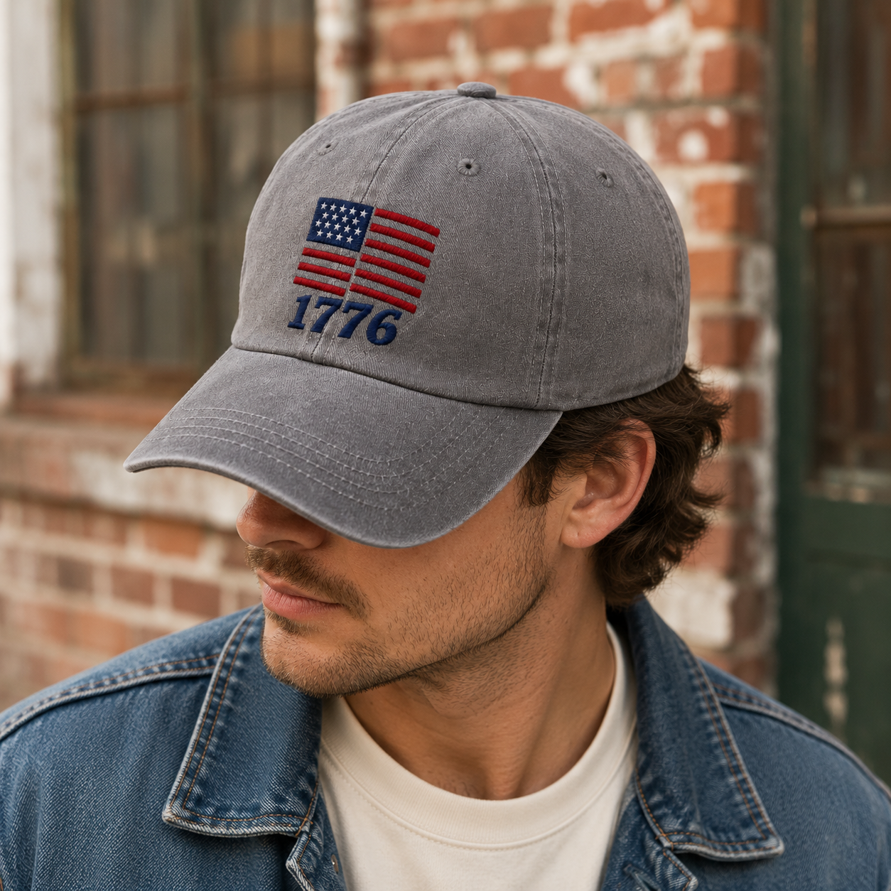 American Flag 1776 Washed Cap, Patriotic Embroidered Dad Hat - washed cap - lifestyle view 6
