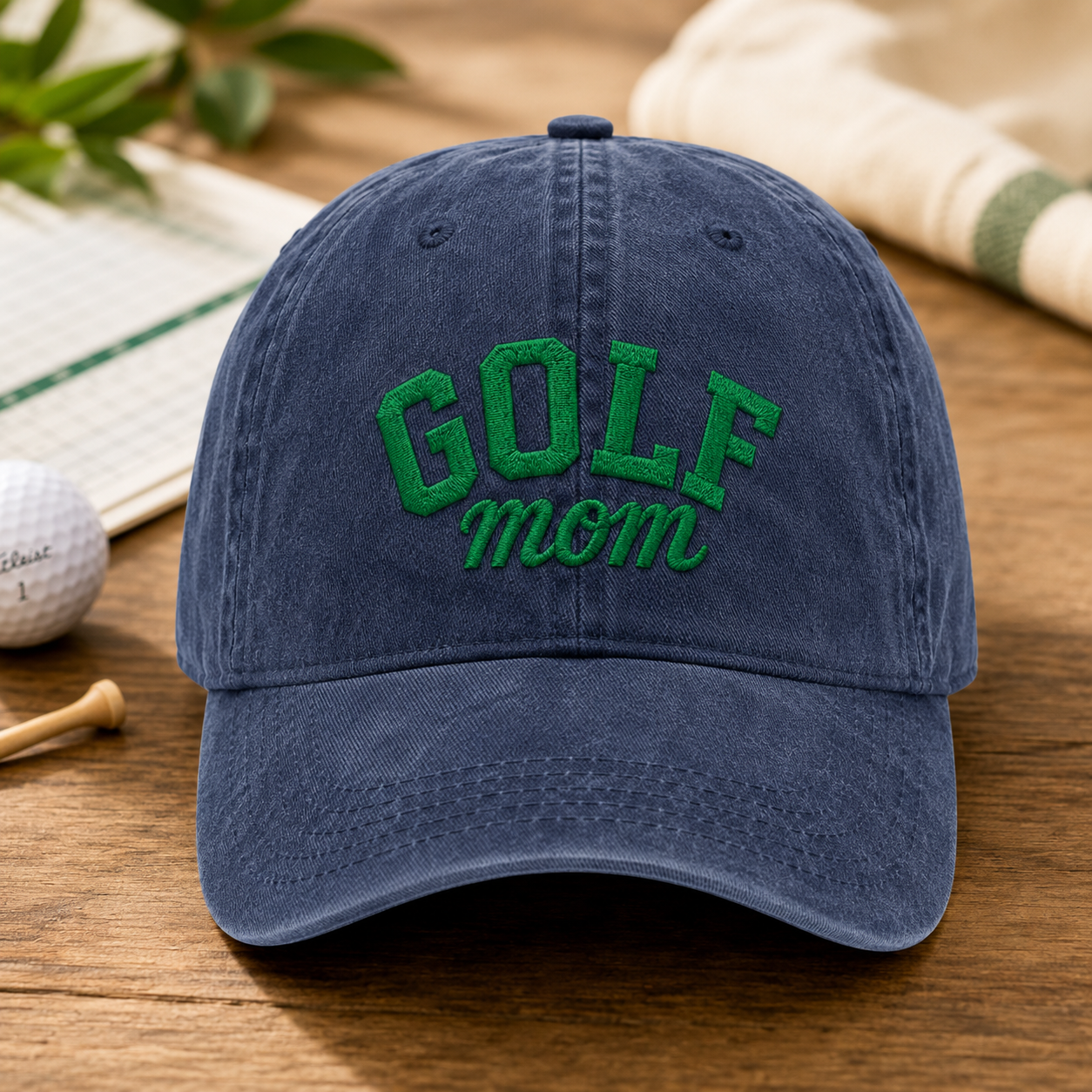Golf Mom Washed Cap, Green Embroidered Golf Mama Hat for Mother's Day - Washed Cap - front view