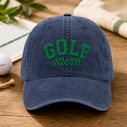 Golf Mom Washed Cap, Green Embroidered Golf Mama Hat for Mother's Day - Washed Cap - front view