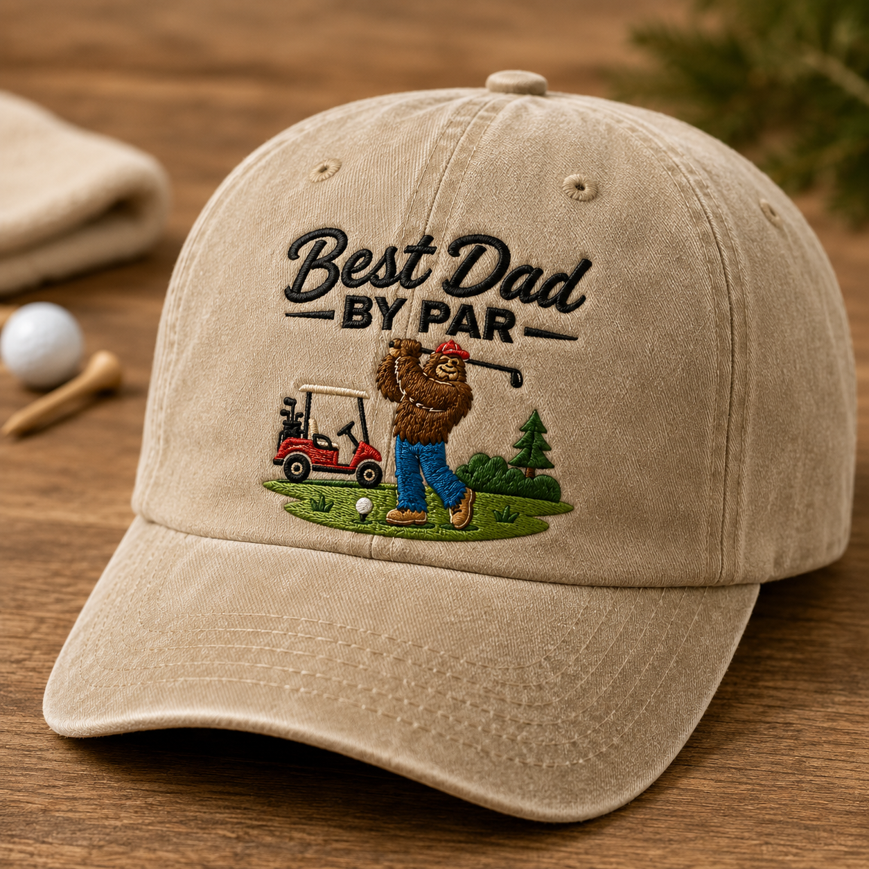 Best Dad By Par Washed Cap, Sasquatch Golf Hat, Father's Day Gift for Golfer Dad - Washed Cap - detail view