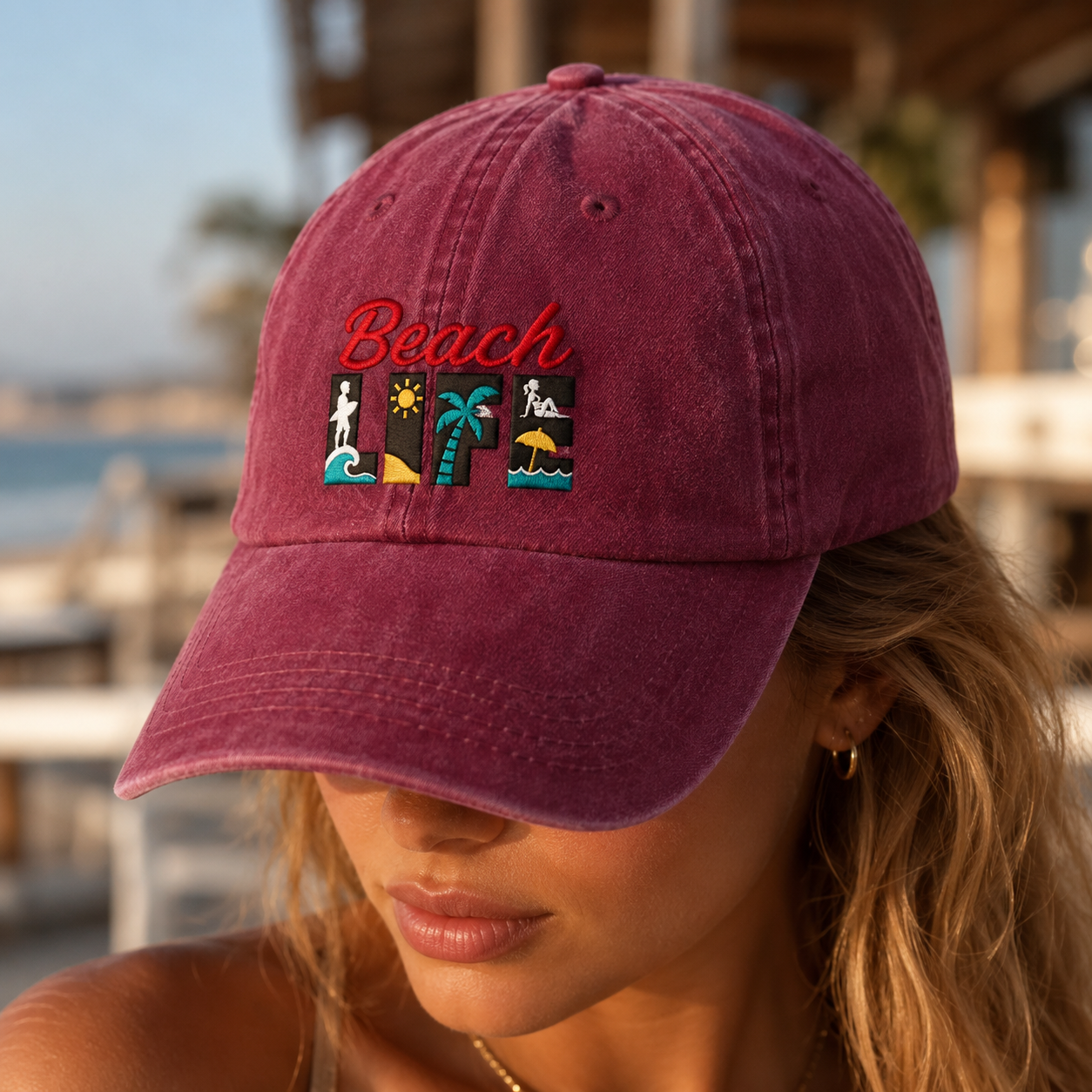 Beach Life Washed Cap, Embroidered Beach Vacation Hat - Washed Cap - lifestyle view 3