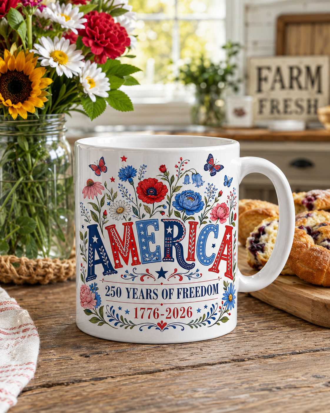 America 250 Years of Freedom Coffee Mug, 1776-2026 Patriotic Floral Gift - Mug - lifestyle view 6