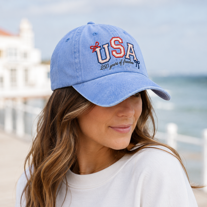 USA 250 Years of Freedom Washed Cap, Patriotic Embroidered Baseball Hat - washed cap - lifestyle view 9