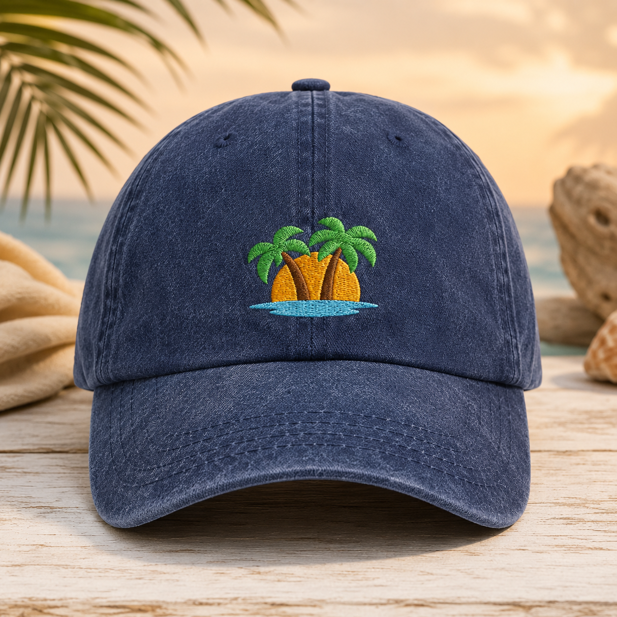 Tropical Island Washed Cap, Embroidered Palm Tree Beach Hat - Washed Cap - front view