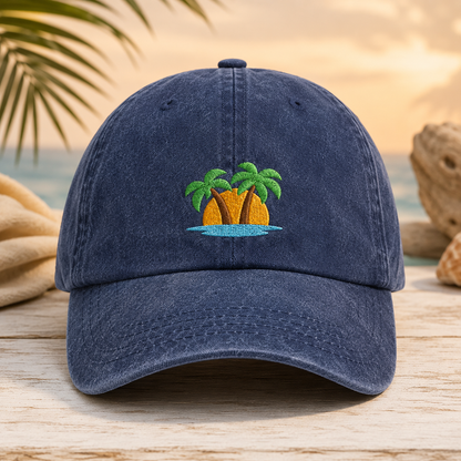 Tropical Island Washed Cap, Embroidered Palm Tree Beach Hat - Washed Cap - front view