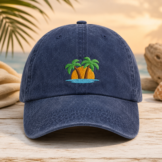 Tropical Island Washed Cap, Embroidered Palm Tree Beach Hat - Washed Cap - front view