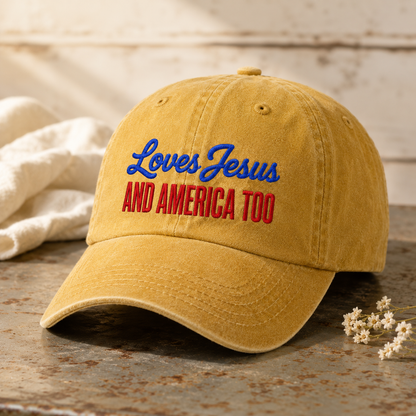 Loves Jesus And America Too Washed Cap, Patriotic Christian Hat Gift - washed cap - lifestyle view 5