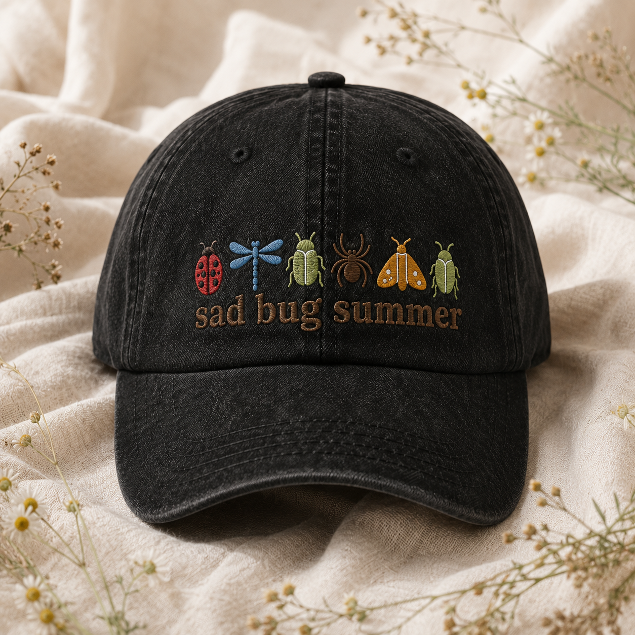 Sad Bug Summer Washed Cap, Embroidered Insect Baseball Hat - Washed Cap - lifestyle view 2