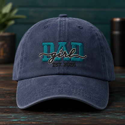 Dad Girl Est. 2026 Washed Cap, New Dad Daughter Announcement Hat - Washed Cap - front view