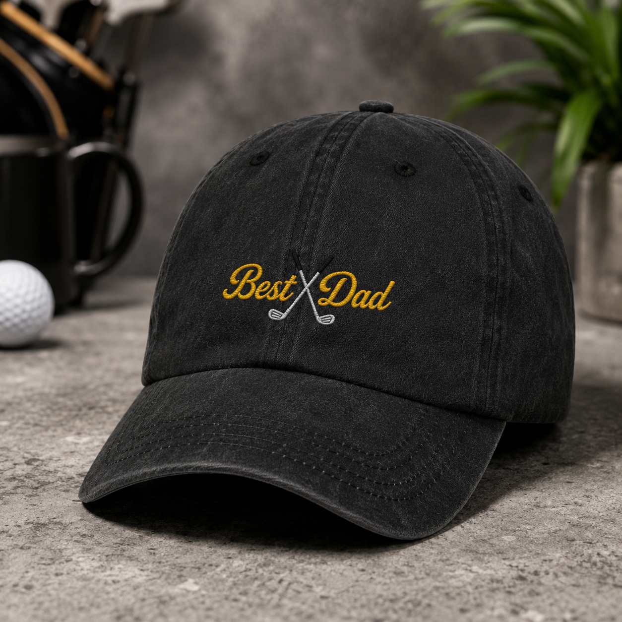 Best Dad Golf Washed Cap, Embroidered Father's Day Hat - Washed Cap - detail view