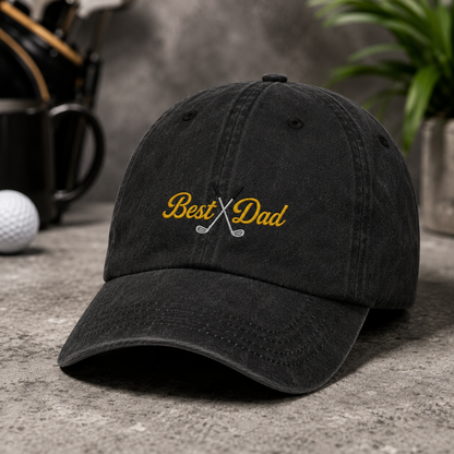 Best Dad Golf Washed Cap, Embroidered Father's Day Hat - Washed Cap - detail view