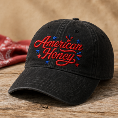 American Honey Washed Cap, Patriotic Embroidered Hat for 4th of July - washed cap - lifestyle view 2