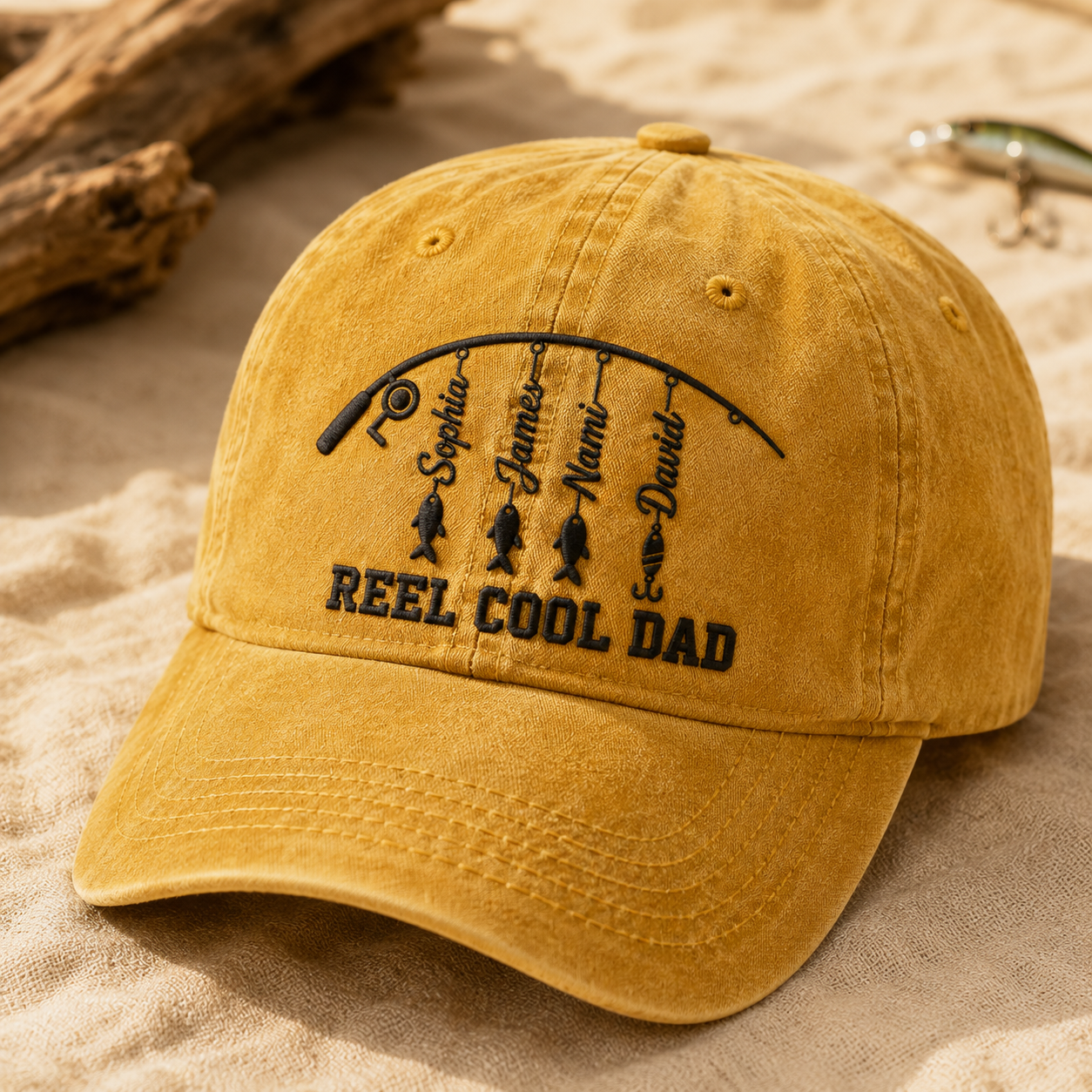 Reel Cool Dad Washed Cap, Custom Fishing Hat with Kids Names, Father's Day Gift - Washed Cap - lifestyle view 2