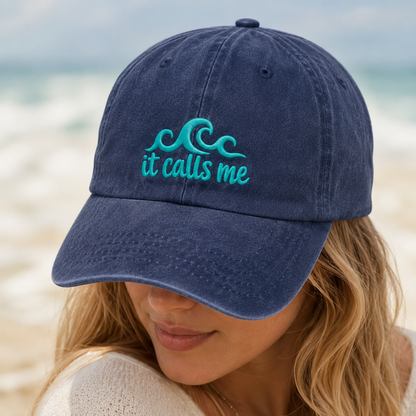 it calls me Wave Washed Cap, Coastal Vacation Embroidered Hat - Washed Cap - lifestyle view 3
