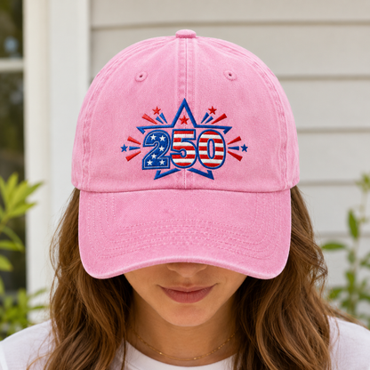250 Patriotic Washed Cap, Red White Blue Stars USA 250th Birthday Hat - washed cap - detail view