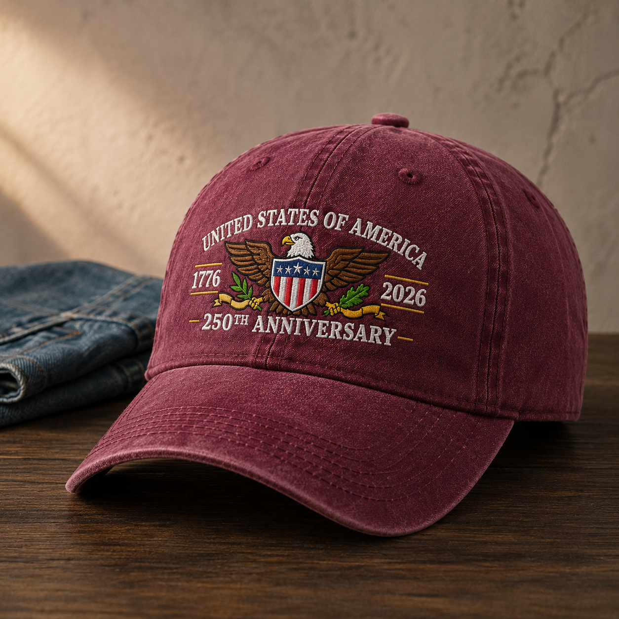 United States of America 250th Anniversary Washed Cap, 1776 2026 Patriotic Eagle Hat - washed cap - lifestyle view 5